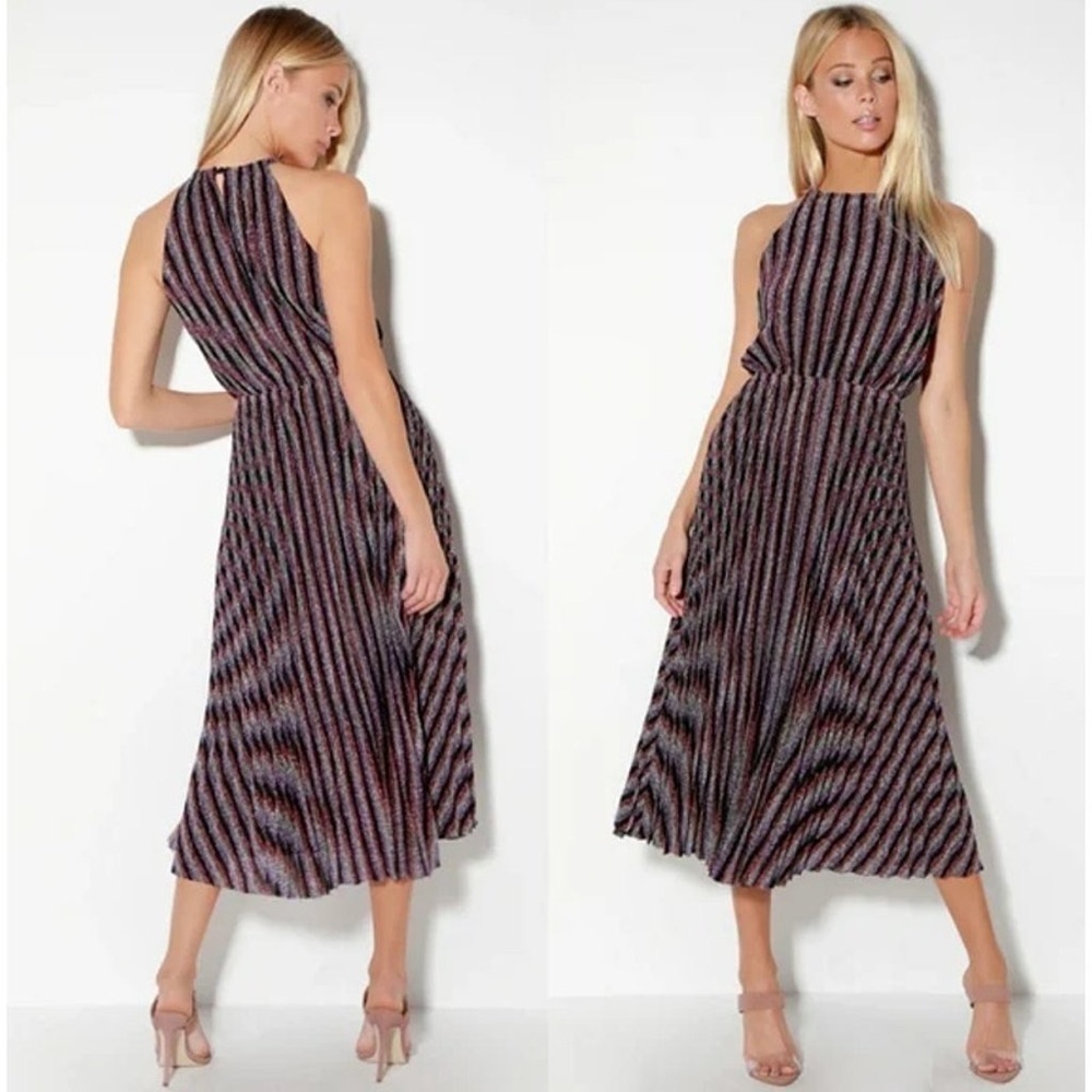 Lucy Paris Rebecca Striped Pleated Halter Shimmer Midi Dress Size S NWT